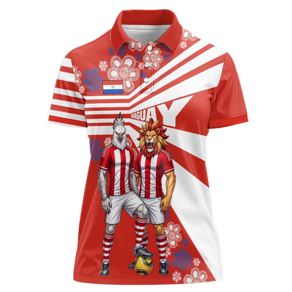 Personalized Paraguay Football Women Polo Shirt Lion Eagle Mascot Floral