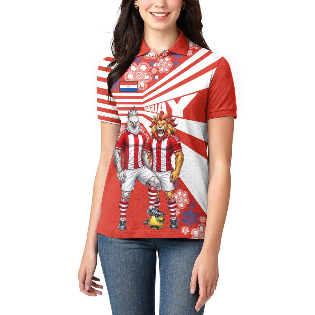 Personalized Paraguay Football Women Polo Shirt Lion Eagle Mascot Floral