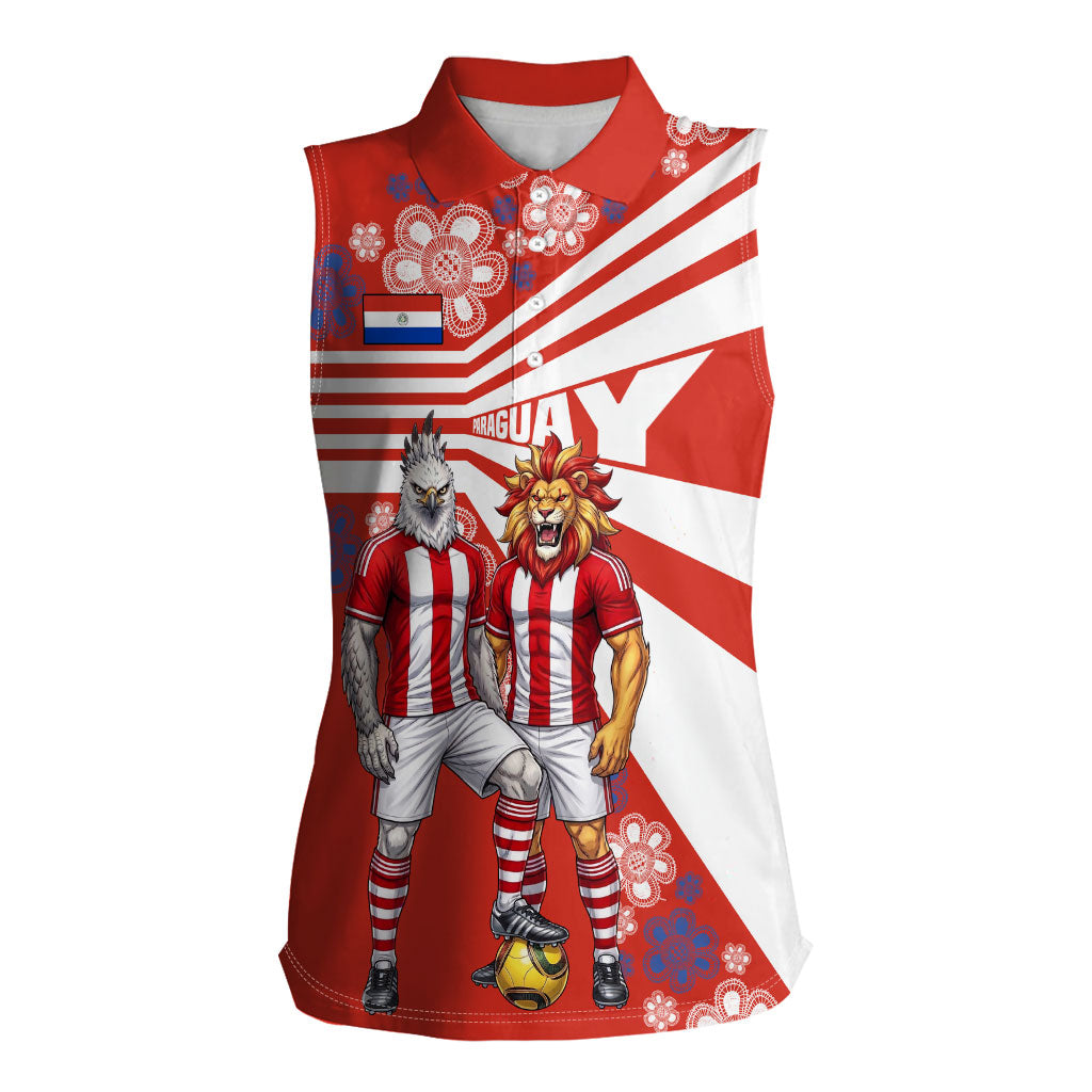 Personalized Paraguay Football Women Sleeveless Polo Shirt Lion Eagle Mascot Floral