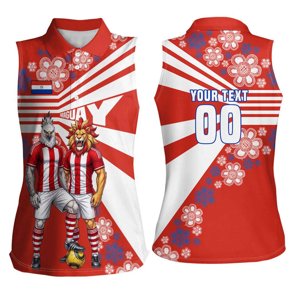 Personalized Paraguay Football Women Sleeveless Polo Shirt Lion Eagle Mascot Floral
