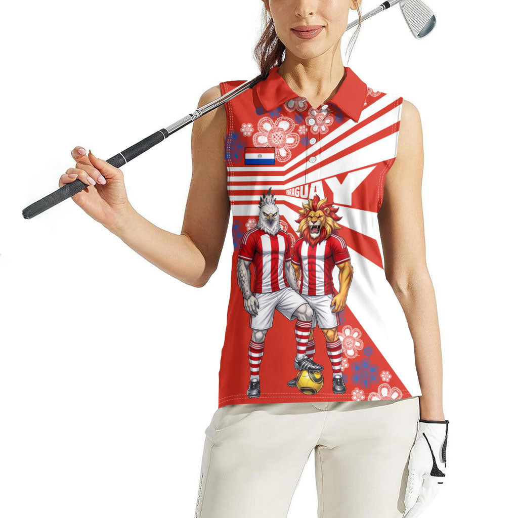 Personalized Paraguay Football Women Sleeveless Polo Shirt Lion Eagle Mascot Floral