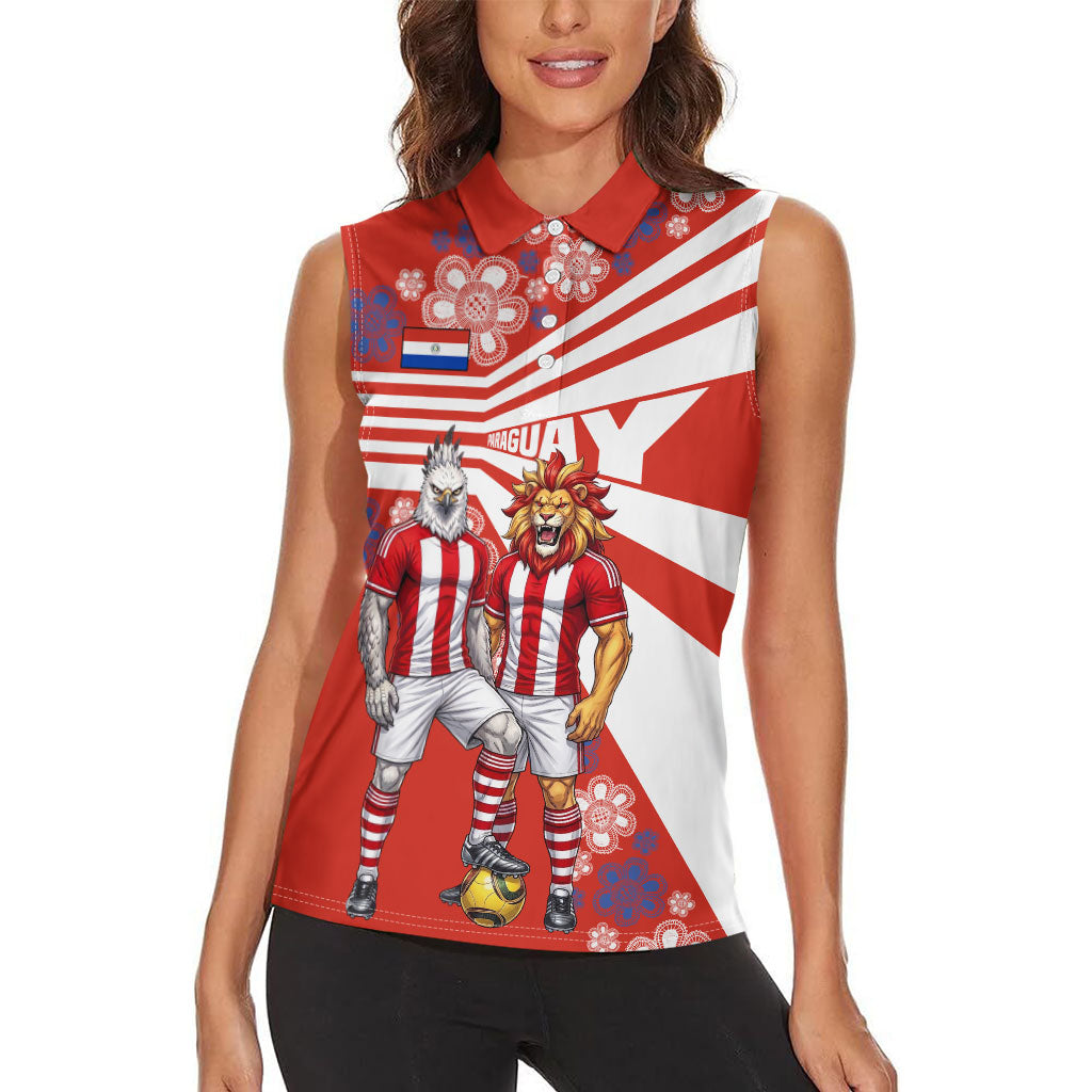 Personalized Paraguay Football Women Sleeveless Polo Shirt Lion Eagle Mascot Floral