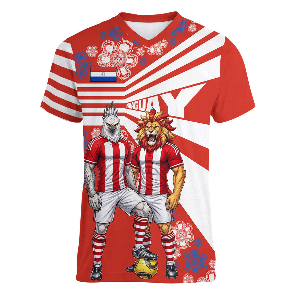 Personalized Paraguay Football Women V-Neck T-Shirt Lion Eagle Mascot Floral