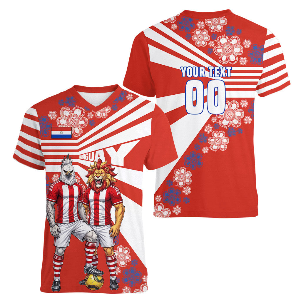 Personalized Paraguay Football Women V-Neck T-Shirt Lion Eagle Mascot Floral