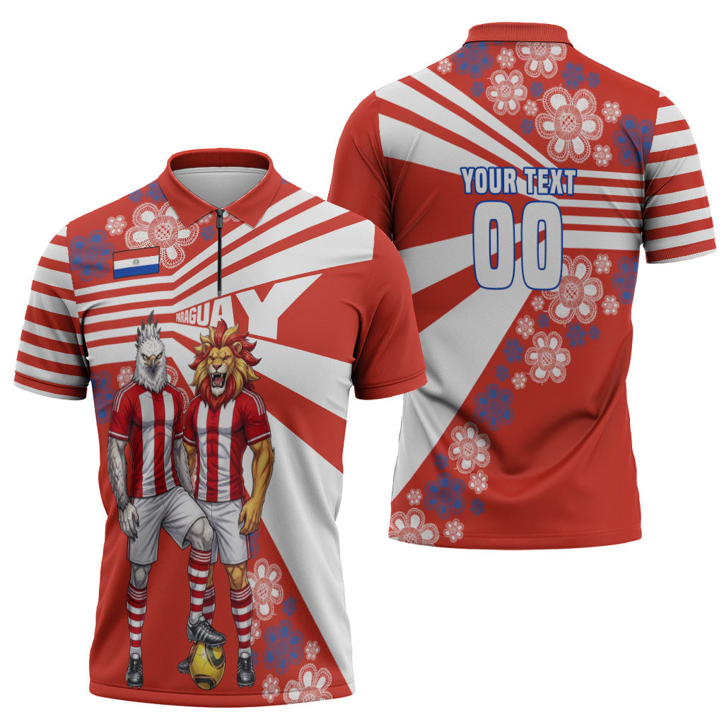 Personalized Paraguay Football Zipper Polo Shirt Lion Eagle Mascot Floral
