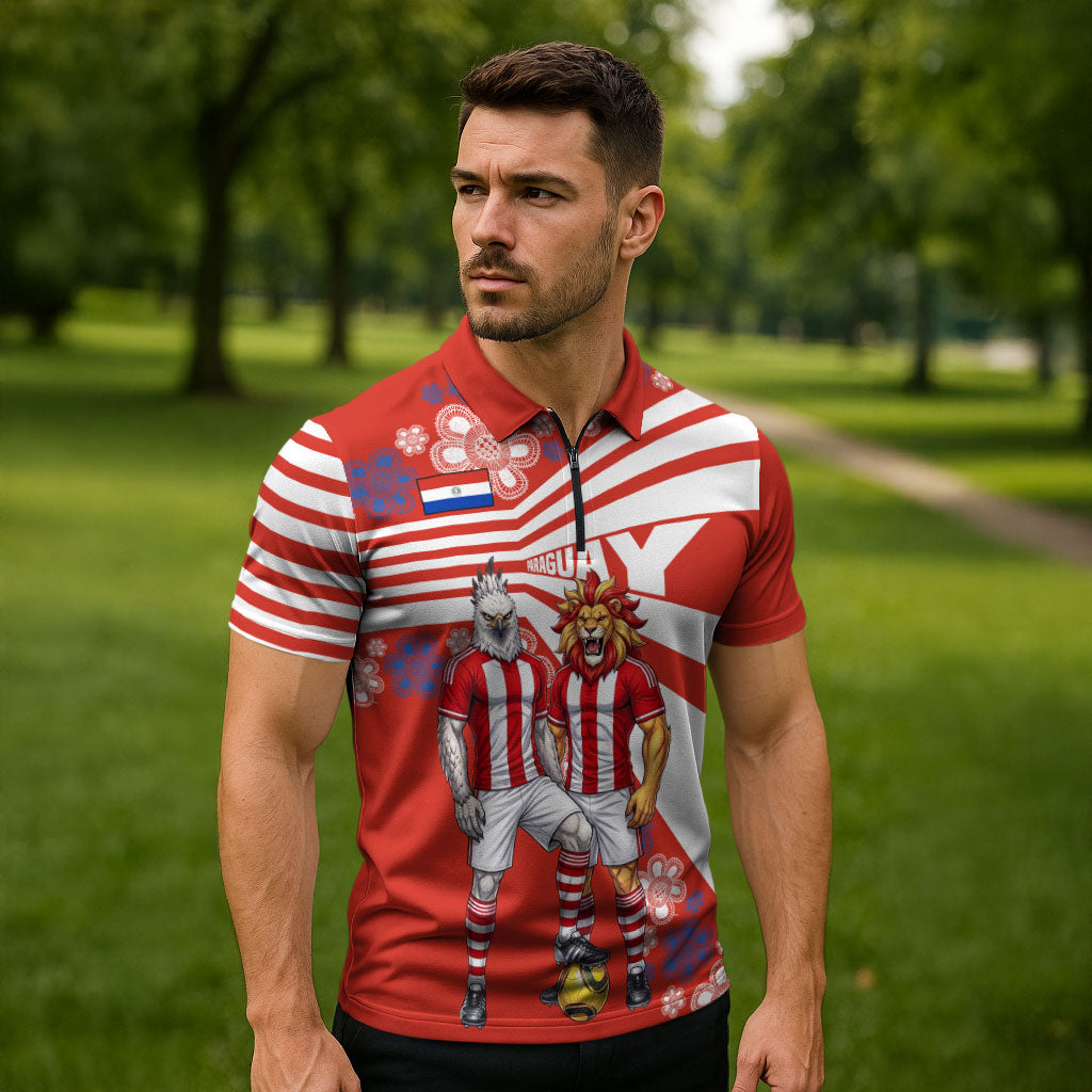Personalized Paraguay Football Zipper Polo Shirt Lion Eagle Mascot Floral