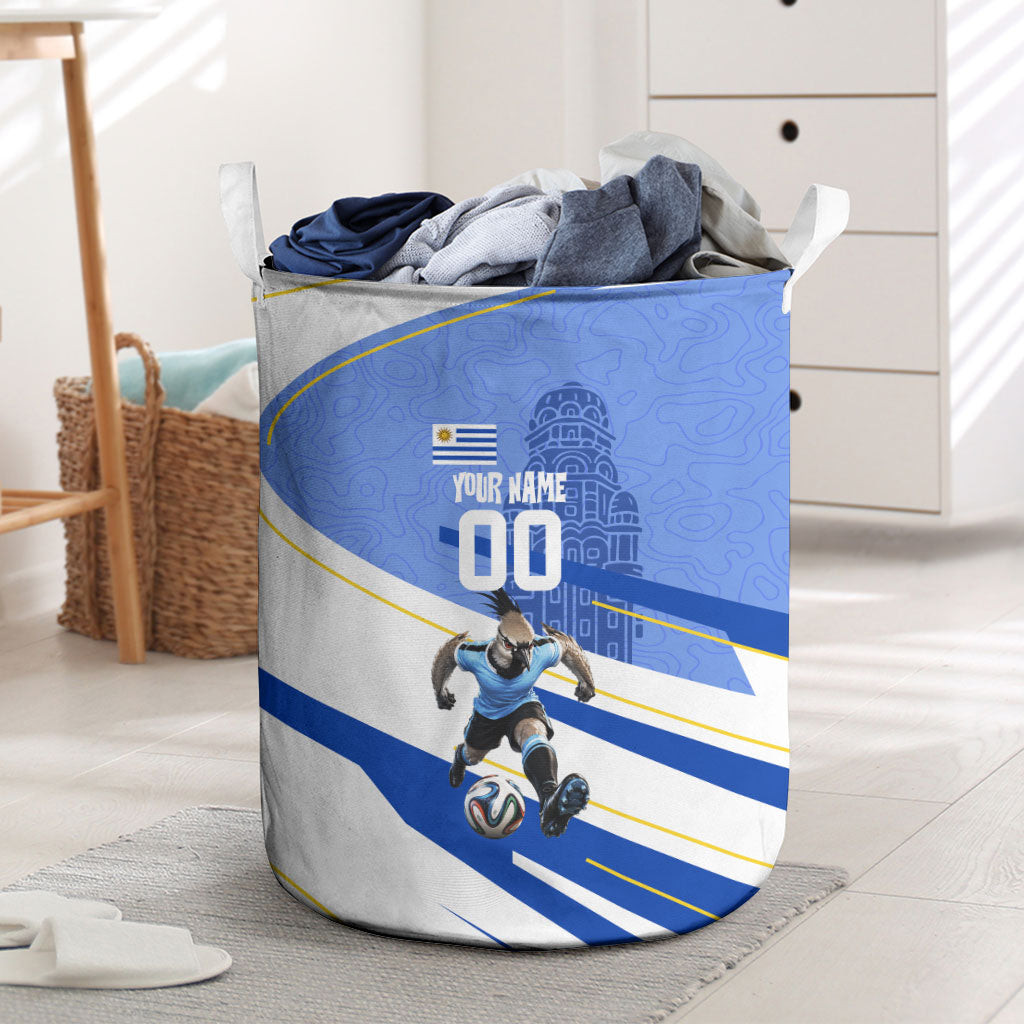 Personalized Uruguay Soccer Southern Lapwing Laundry Basket Uruguayan Football Blue Topographic Pattern