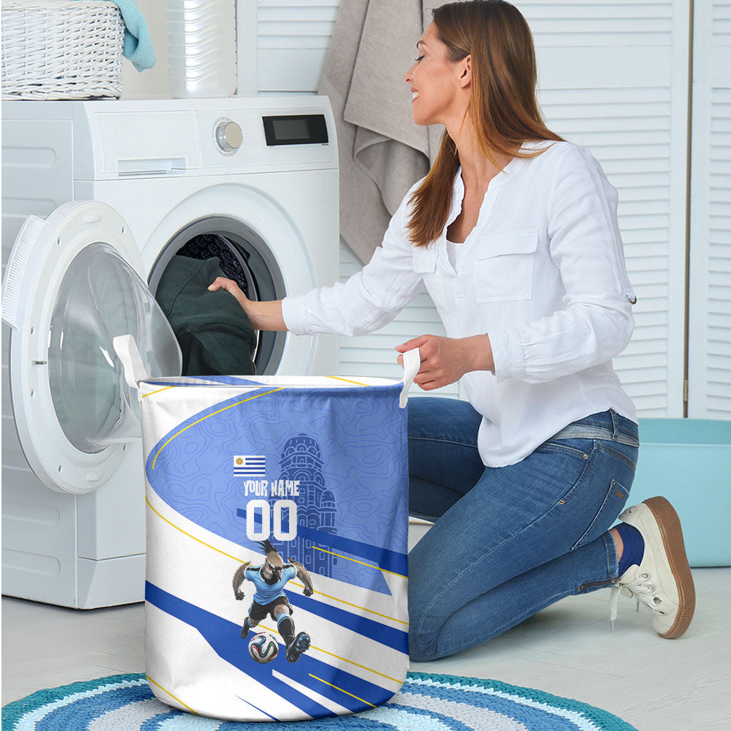 Personalized Uruguay Soccer Southern Lapwing Laundry Basket Uruguayan Football Blue Topographic Pattern