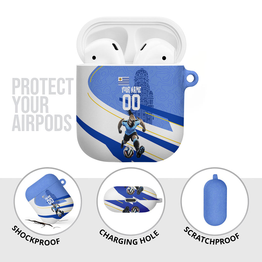 Personalized Uruguay Soccer Southern Lapwing AirPods Case Uruguayan Football Blue Topographic Pattern