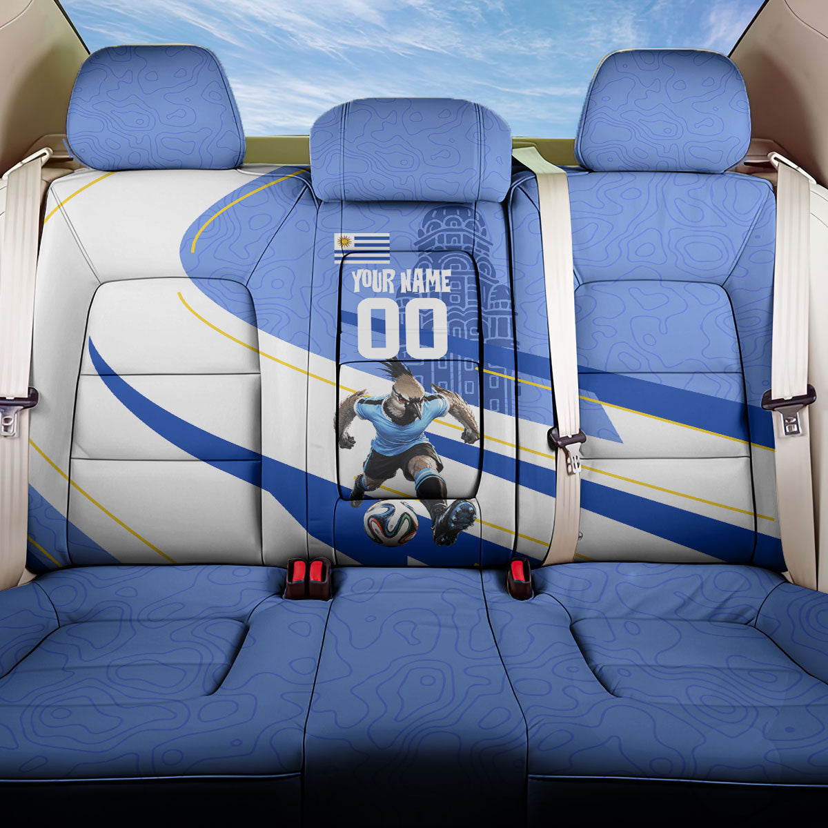 Personalized Uruguay Soccer Southern Lapwing Back Car Seat Cover Uruguayan Football Blue Topographic Pattern