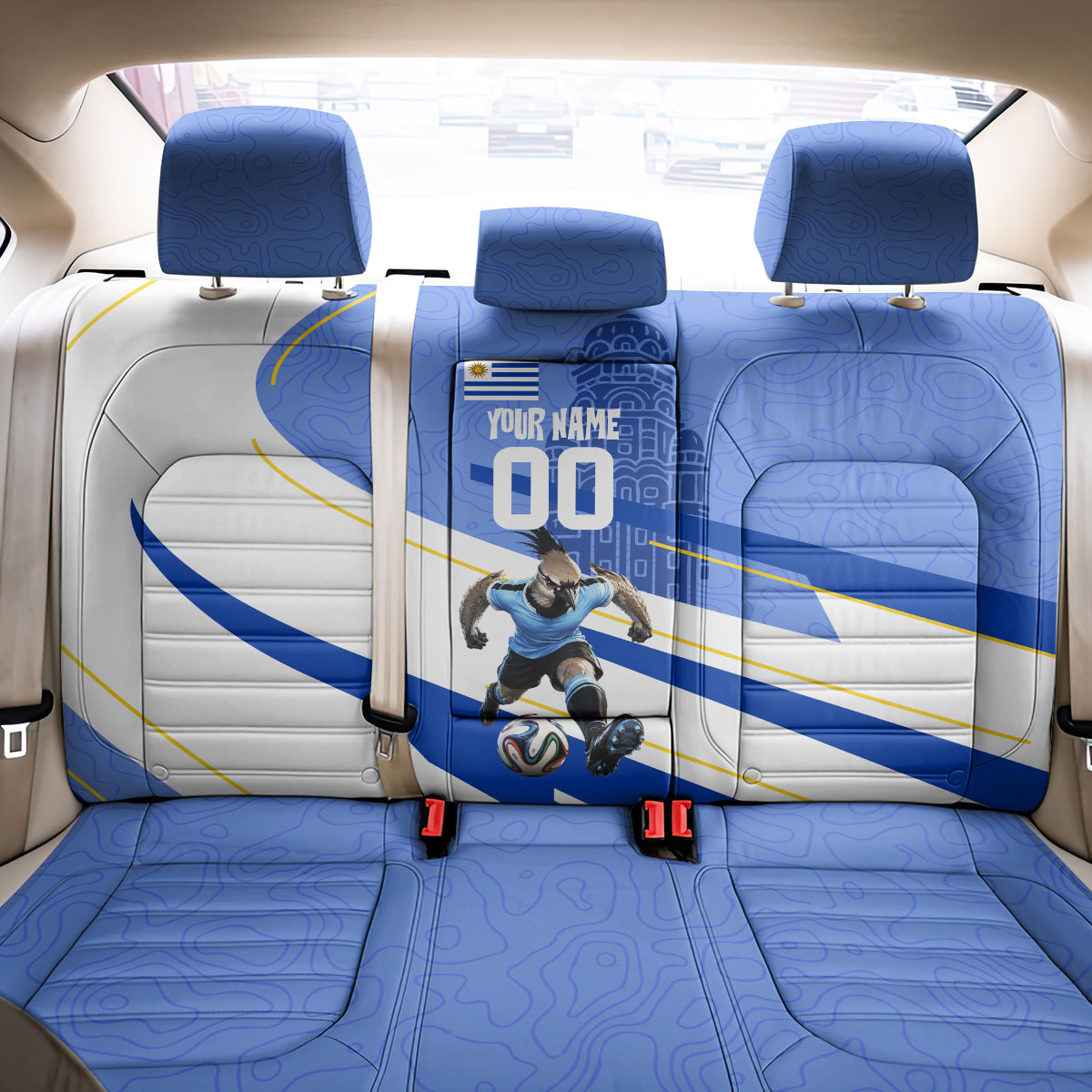 Personalized Uruguay Soccer Southern Lapwing Back Car Seat Cover Uruguayan Football Blue Topographic Pattern