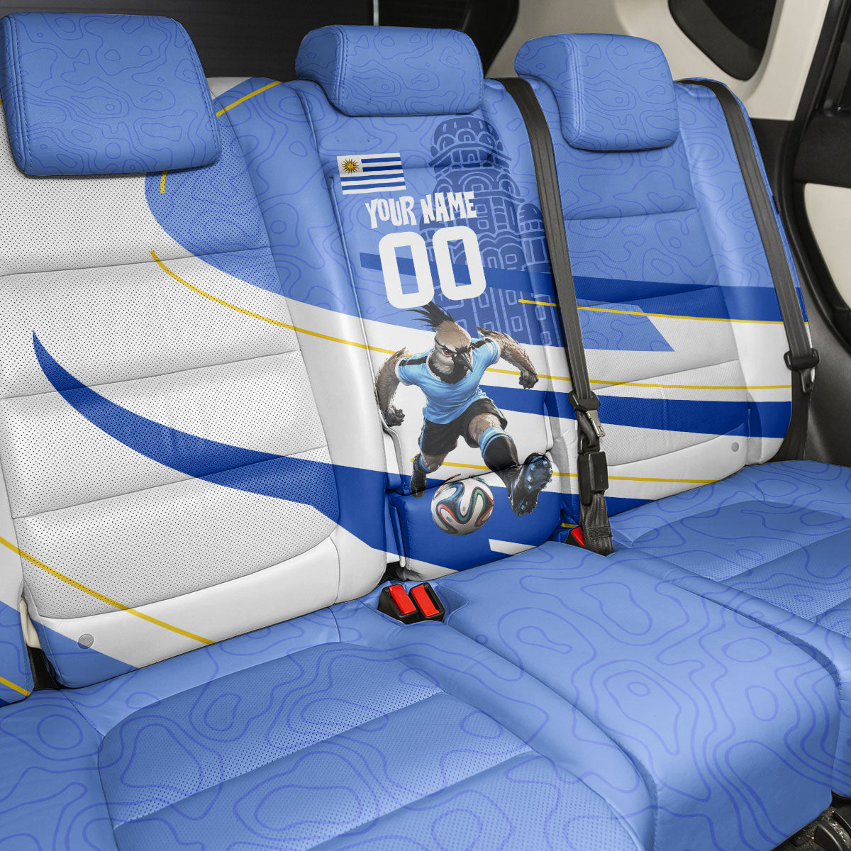Personalized Uruguay Soccer Southern Lapwing Back Car Seat Cover Uruguayan Football Blue Topographic Pattern