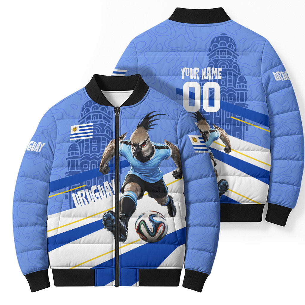 Personalized Uruguay Soccer Southern Lapwing Bomber Puffer Jacket Uruguayan Football Blue Topographic Pattern
