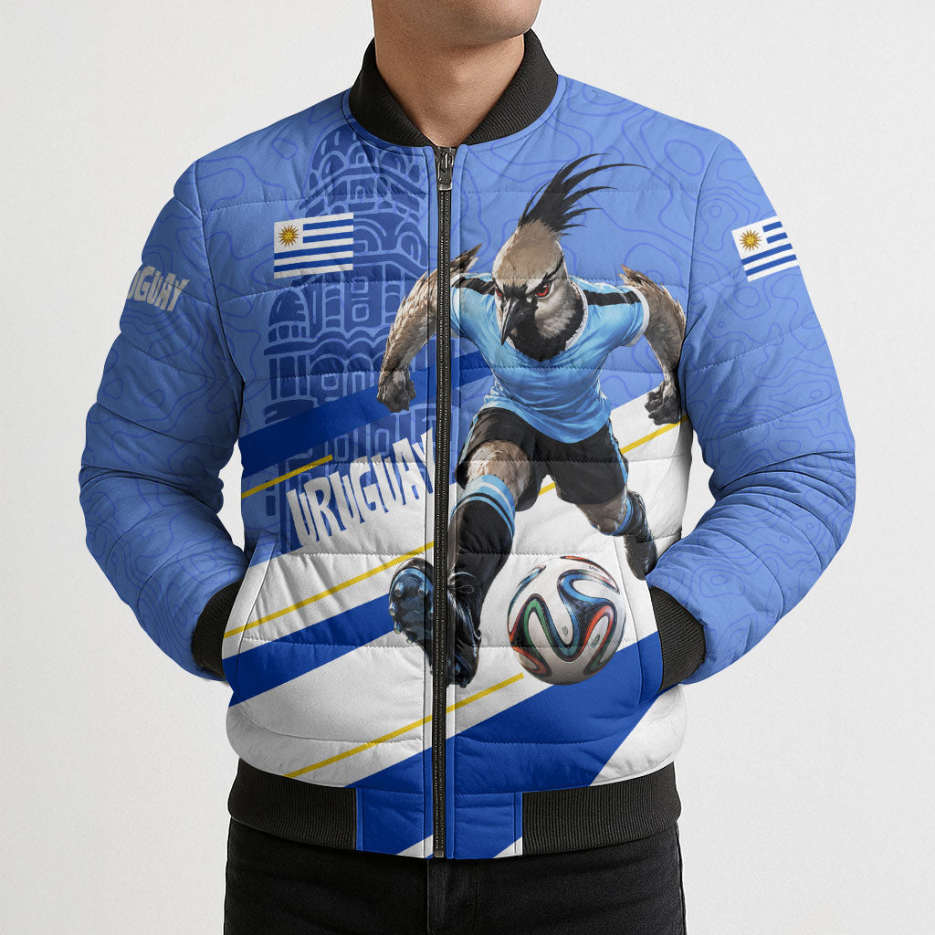 Personalized Uruguay Soccer Southern Lapwing Bomber Puffer Jacket Uruguayan Football Blue Topographic Pattern