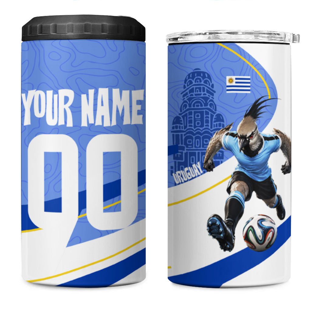 Personalized Uruguay Soccer Southern Lapwing 4 in 1 Can Cooler Tumbler Uruguayan Football Blue Topographic Pattern