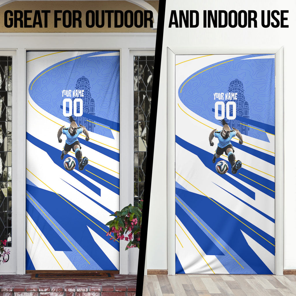 Personalized Uruguay Soccer Southern Lapwing Door Cover Uruguayan Football Blue Topographic Pattern