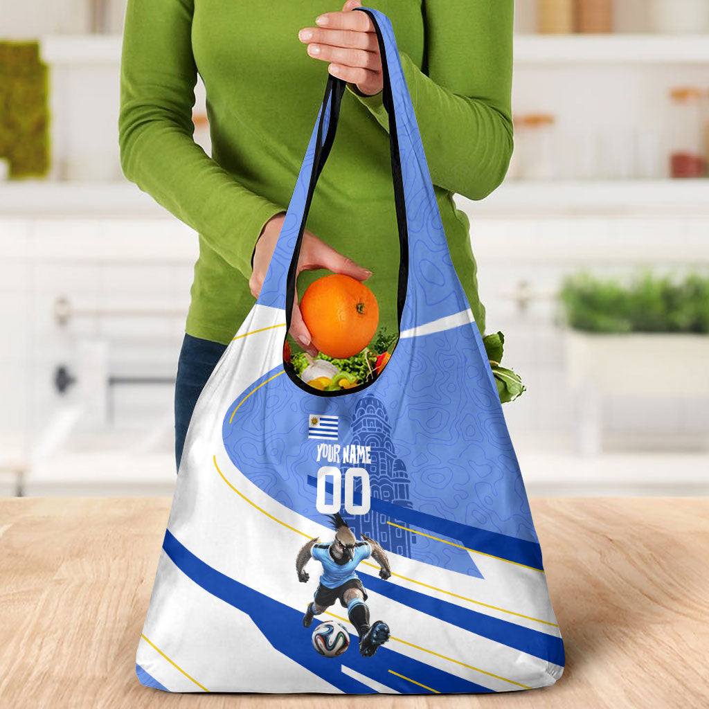 Personalized Uruguay Soccer Southern Lapwing Grocery Bag Uruguayan Football Blue Topographic Pattern