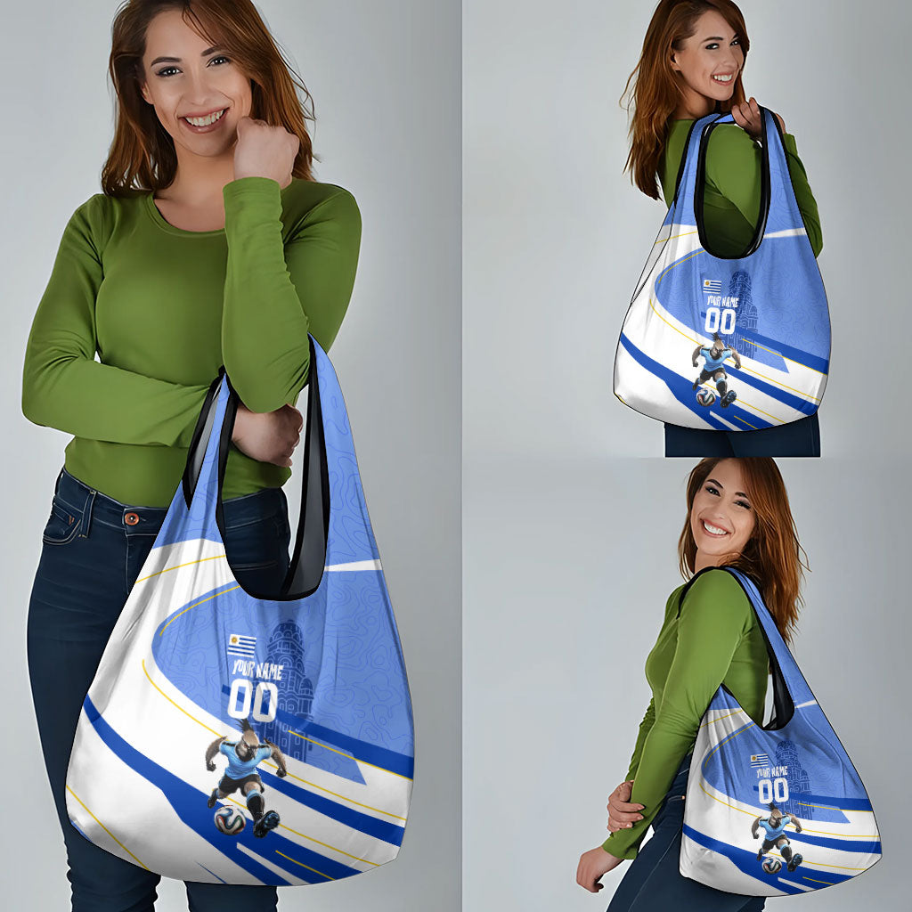 Personalized Uruguay Soccer Southern Lapwing Grocery Bag Uruguayan Football Blue Topographic Pattern