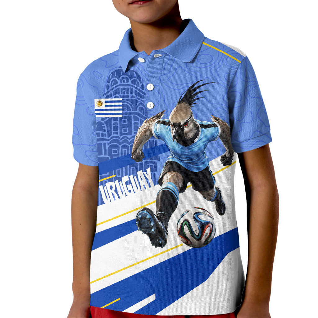 Personalized Uruguay Soccer Southern Lapwing Kid Polo Shirt Uruguayan Football Blue Topographic Pattern