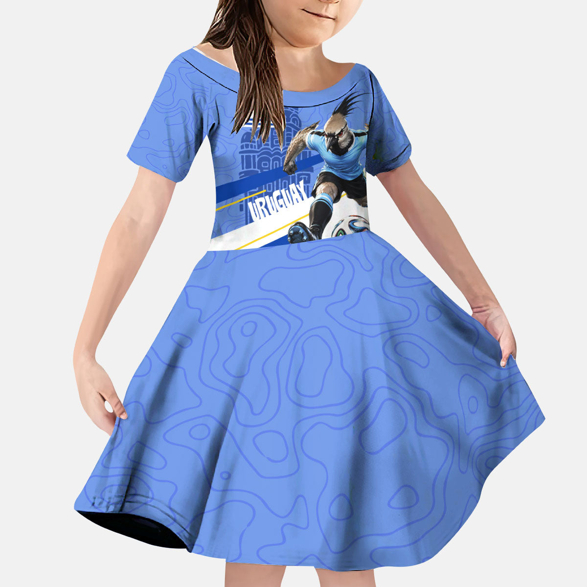 Personalized Uruguay Soccer Southern Lapwing Kid Short Sleeve Dress Uruguayan Football Blue Topographic Pattern