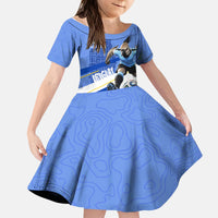 Personalized Uruguay Soccer Southern Lapwing Kid Short Sleeve Dress Uruguayan Football Blue Topographic Pattern