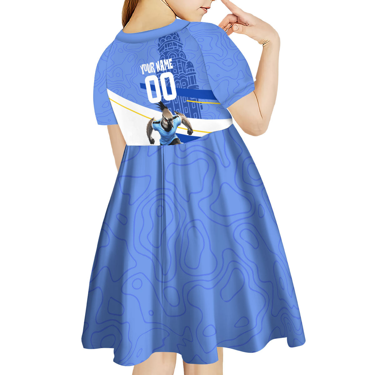 Personalized Uruguay Soccer Southern Lapwing Kid Short Sleeve Dress Uruguayan Football Blue Topographic Pattern
