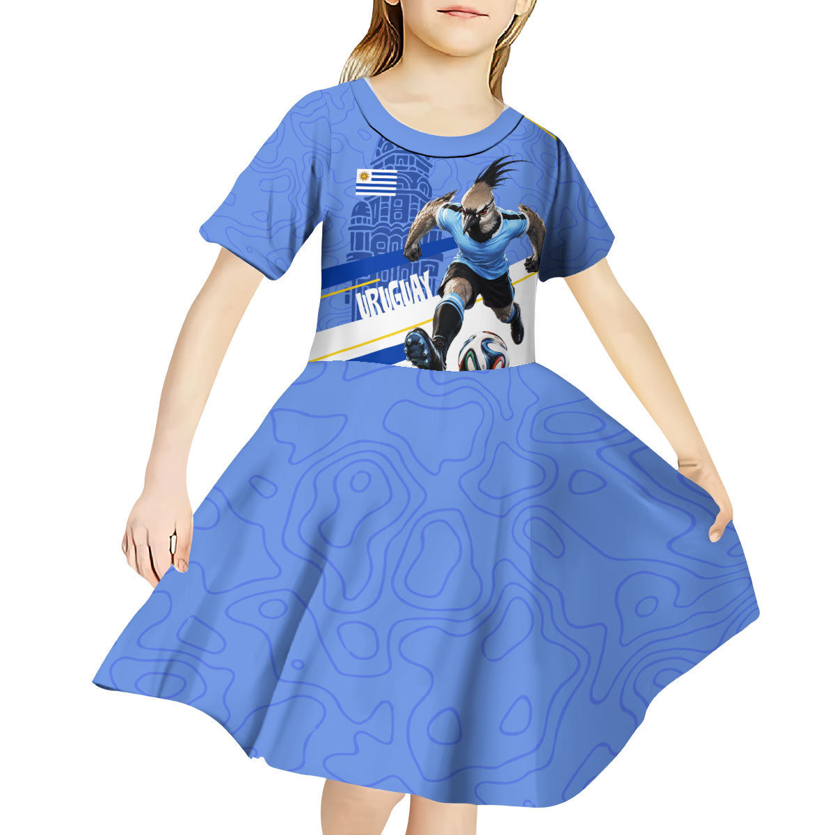 Personalized Uruguay Soccer Southern Lapwing Kid Short Sleeve Dress Uruguayan Football Blue Topographic Pattern