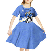Personalized Uruguay Soccer Southern Lapwing Kid Short Sleeve Dress Uruguayan Football Blue Topographic Pattern