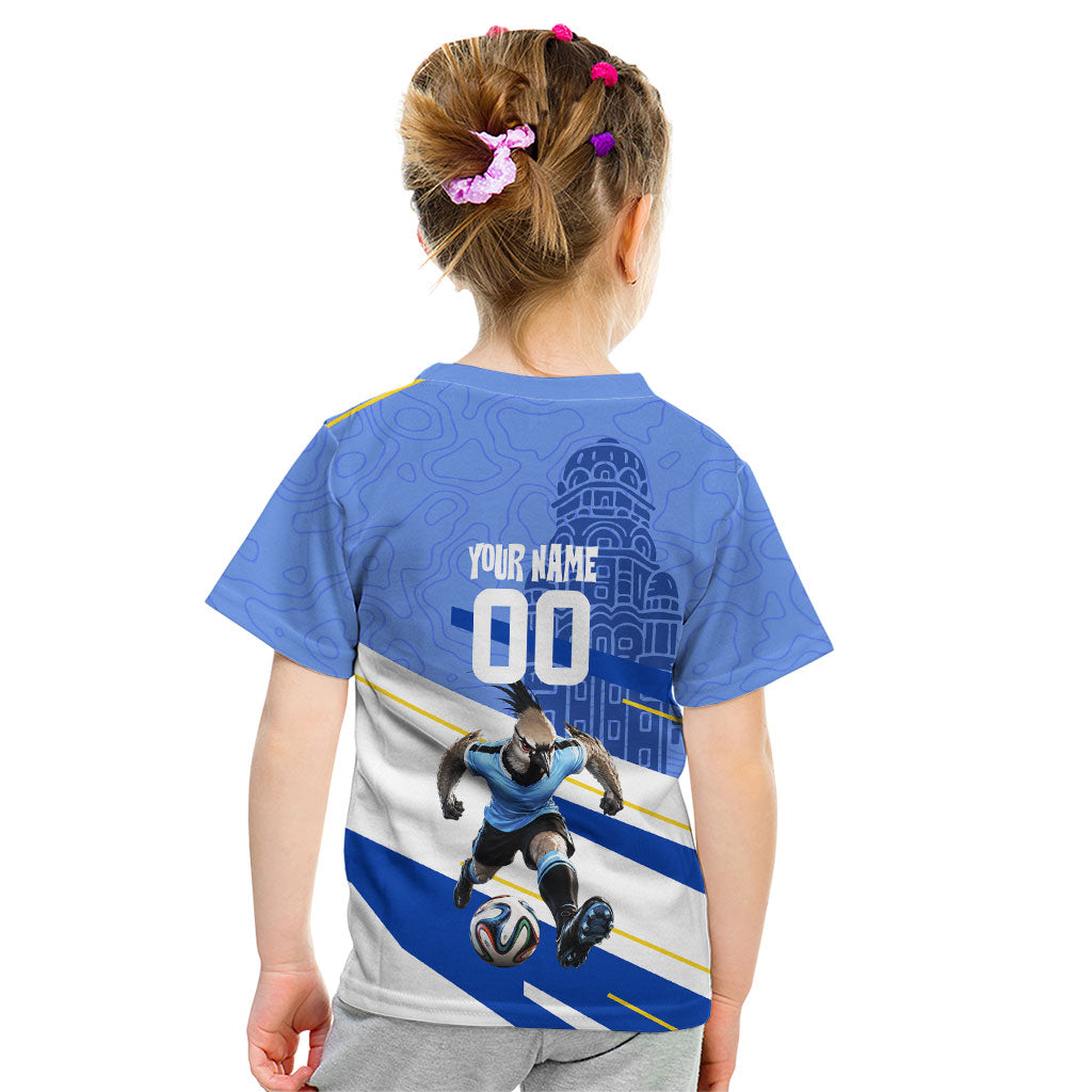 Personalized Uruguay Soccer Southern Lapwing Kid T Shirt Uruguayan Football Blue Topographic Pattern