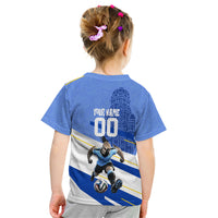 Personalized Uruguay Soccer Southern Lapwing Kid T Shirt Uruguayan Football Blue Topographic Pattern