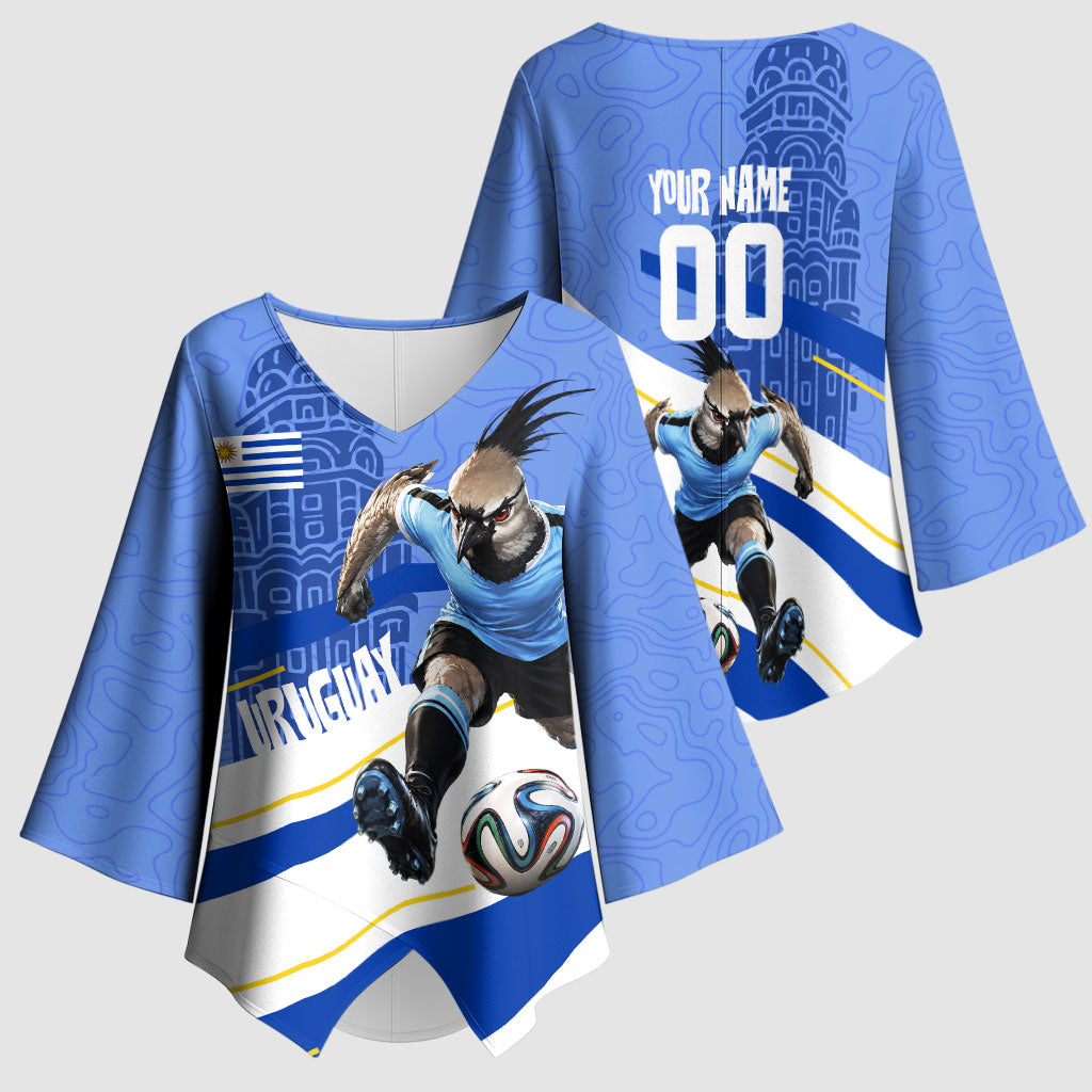 Personalized Uruguay Soccer Southern Lapwing Kimono Sleeve Blouse Uruguayan Football Blue Topographic Pattern
