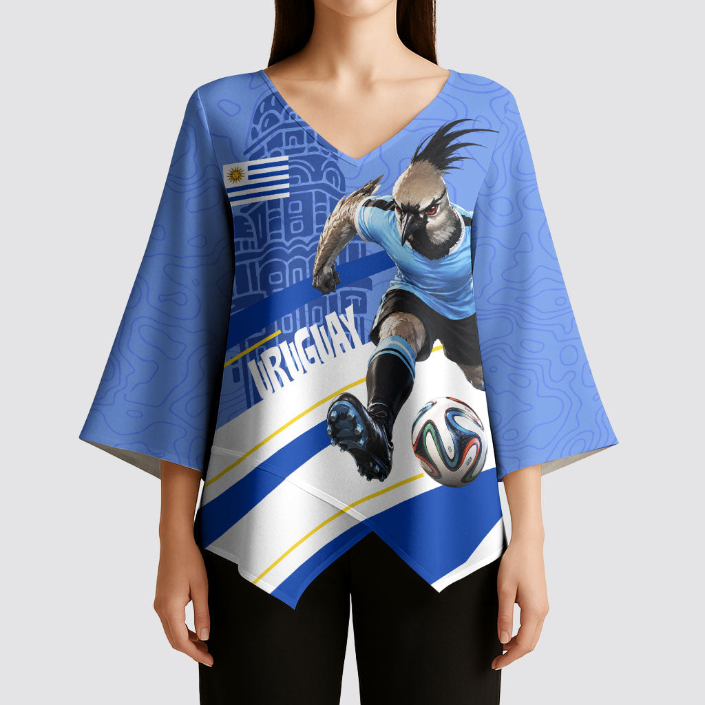 Personalized Uruguay Soccer Southern Lapwing Kimono Sleeve Blouse Uruguayan Football Blue Topographic Pattern