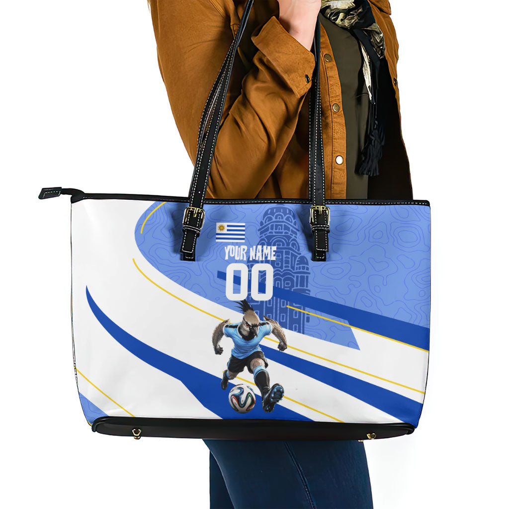 Personalized Uruguay Soccer Southern Lapwing Leather Tote Bag Uruguayan Football Blue Topographic Pattern