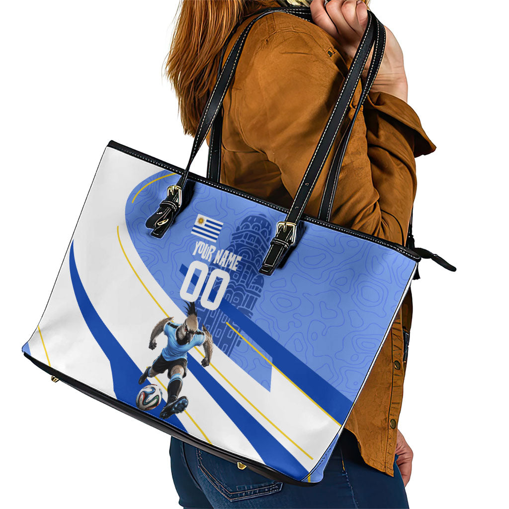Personalized Uruguay Soccer Southern Lapwing Leather Tote Bag Uruguayan Football Blue Topographic Pattern