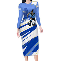 Personalized Uruguay Soccer Southern Lapwing Long Sleeve Bodycon Dress Uruguayan Football Blue Topographic Pattern
