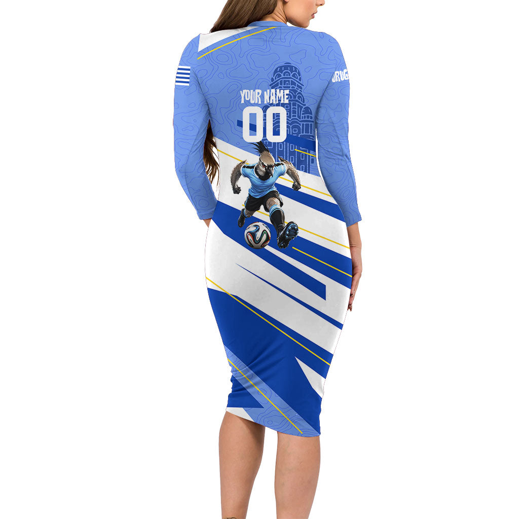 Personalized Uruguay Soccer Southern Lapwing Long Sleeve Bodycon Dress Uruguayan Football Blue Topographic Pattern