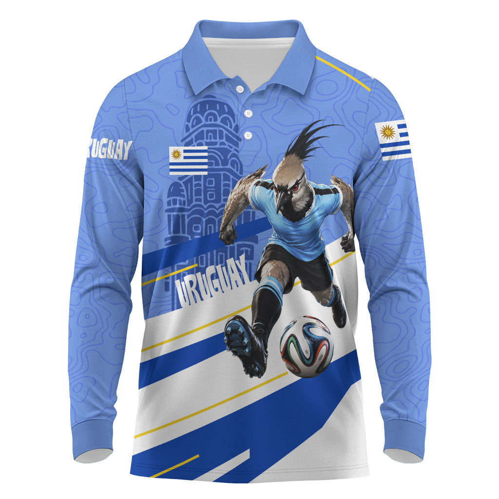 Personalized Uruguay Soccer Southern Lapwing Long Sleeve Polo Shirt Uruguayan Football Blue Topographic Pattern
