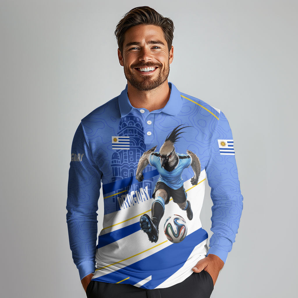 Personalized Uruguay Soccer Southern Lapwing Long Sleeve Polo Shirt Uruguayan Football Blue Topographic Pattern