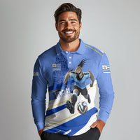 Personalized Uruguay Soccer Southern Lapwing Long Sleeve Polo Shirt Uruguayan Football Blue Topographic Pattern