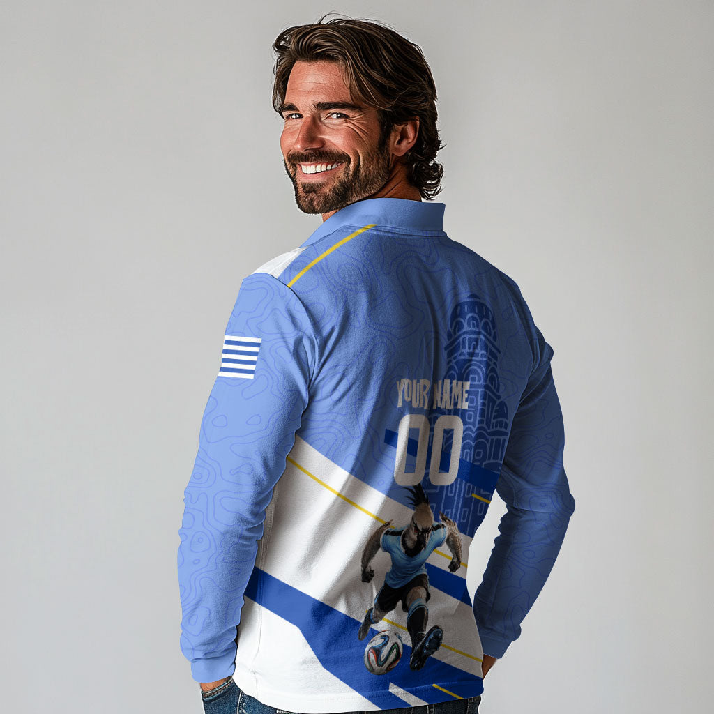 Personalized Uruguay Soccer Southern Lapwing Long Sleeve Polo Shirt Uruguayan Football Blue Topographic Pattern