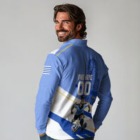 Personalized Uruguay Soccer Southern Lapwing Long Sleeve Polo Shirt Uruguayan Football Blue Topographic Pattern