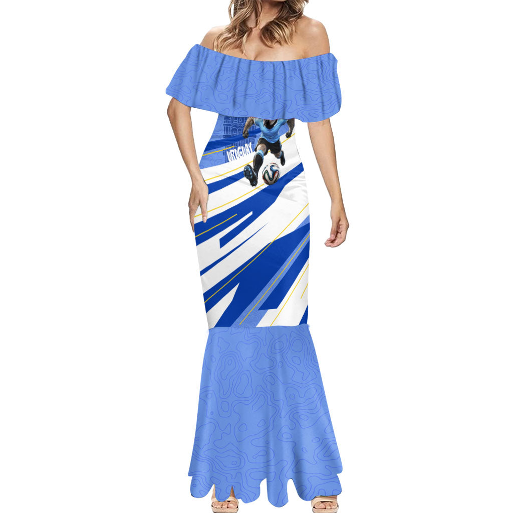Personalized Uruguay Soccer Southern Lapwing Mermaid Dress Uruguayan Football Blue Topographic Pattern