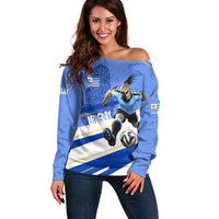 Personalized Uruguay Soccer Southern Lapwing Off Shoulder Sweater Uruguayan Football Blue Topographic Pattern