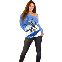 Personalized Uruguay Soccer Southern Lapwing Off Shoulder Sweater Uruguayan Football Blue Topographic Pattern