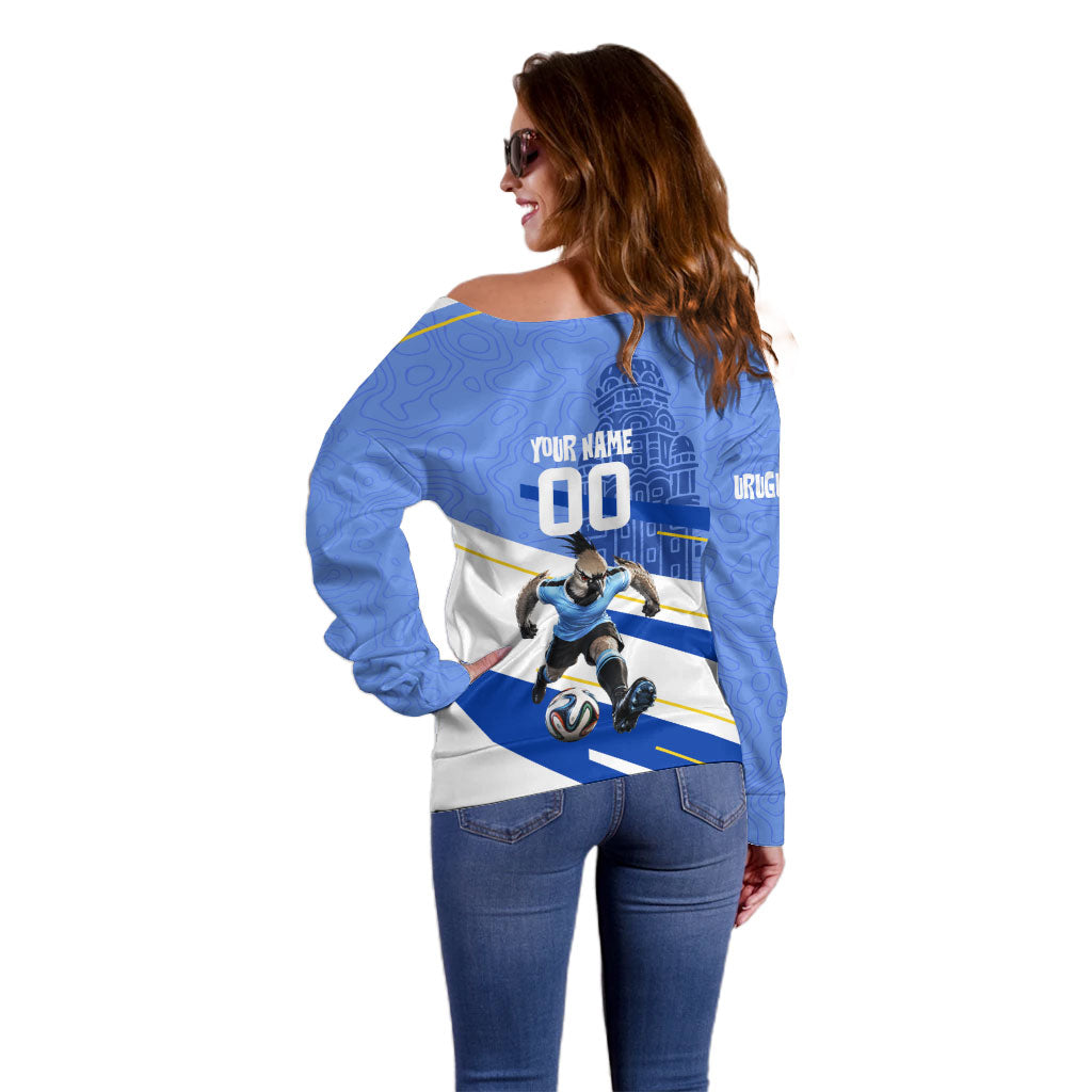 Personalized Uruguay Soccer Southern Lapwing Off Shoulder Sweater Uruguayan Football Blue Topographic Pattern