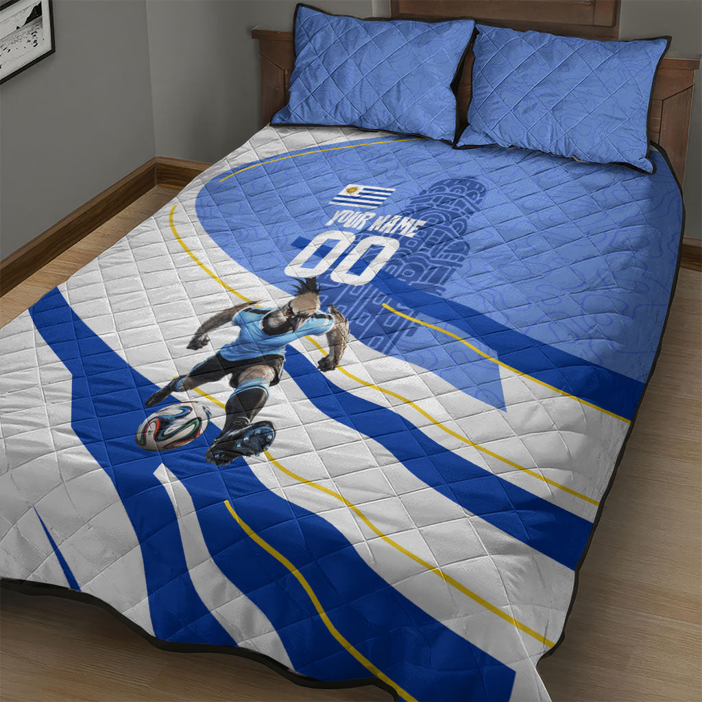Personalized Uruguay Soccer Southern Lapwing Quilt Bed Set Uruguayan Football Blue Topographic Pattern