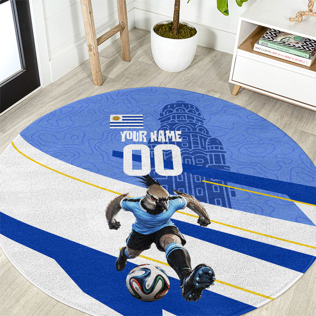 Personalized Uruguay Soccer Southern Lapwing Round Carpet Uruguayan Football Blue Topographic Pattern