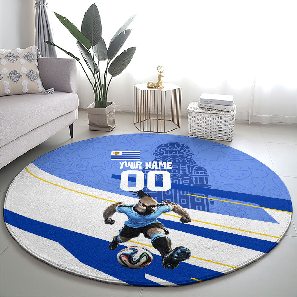 Personalized Uruguay Soccer Southern Lapwing Round Carpet Uruguayan Football Blue Topographic Pattern