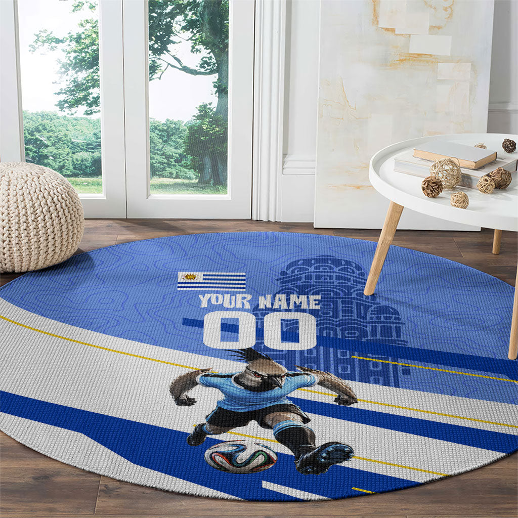 Personalized Uruguay Soccer Southern Lapwing Round Carpet Uruguayan Football Blue Topographic Pattern