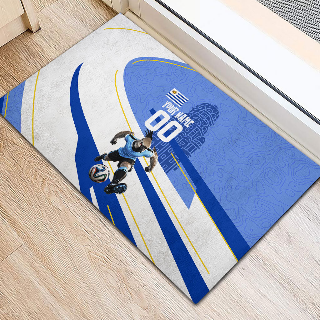 Personalized Uruguay Soccer Southern Lapwing Rubber Doormat Uruguayan Football Blue Topographic Pattern